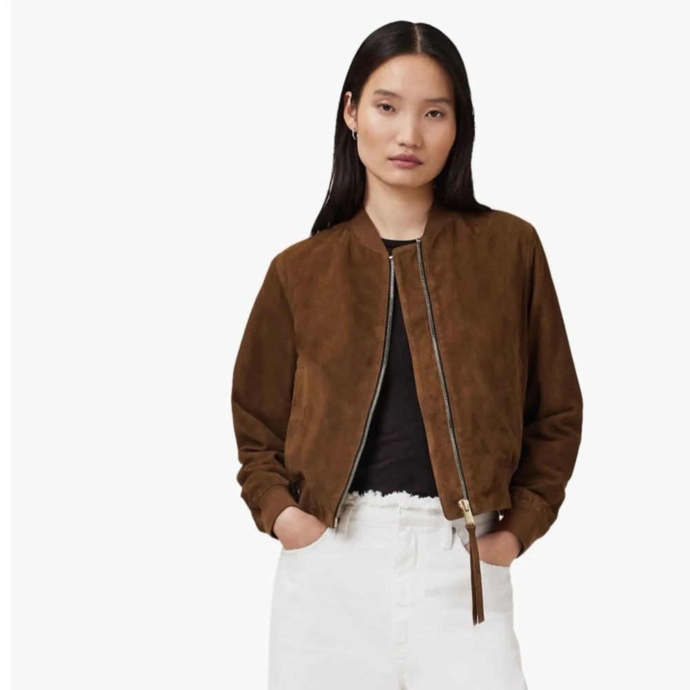 AllSaints Orten Suede Bomber Jacket cognac 8 NWT